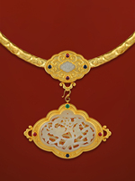 Vintage Vogel-Blumen-Anhänger aus Weißer Jade mit Hohlem Schloss, Choker-Halskette aus 925 Sterling Silber, Vergoldet, Geschenk-Schmuck