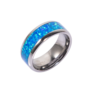 Hot Selling Versand bereit 8mm Wolfram karbid Herren ringe Wolfram Band Inlay Natural Blue Fire Opal Schmuck auf Lager - Product Image 2
