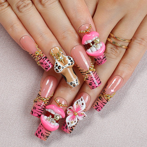 <span class=keywords><strong>Ongles</strong></span> artificiels en acrylique de luxe pré-dessinés, longs, carrés, à couverture complète, motif léopard rose, lèvres 3D sexy, à presser - Product Image 2
