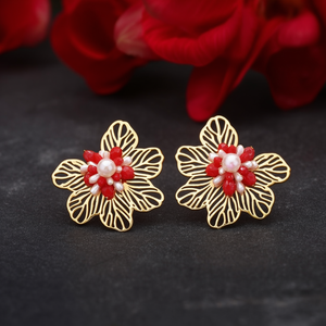 Fashion Stud <b>Earrings</b> 316L Stainless Steel PVD Gold Plating <b>Red</b> Pearl Flower Design - Product Image 3