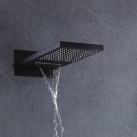 Système de douche 2-en-1 noir mat à fixation murale, avec pommeau de pluie rectangulaire large, mitigeur encastré et douchette à main fine