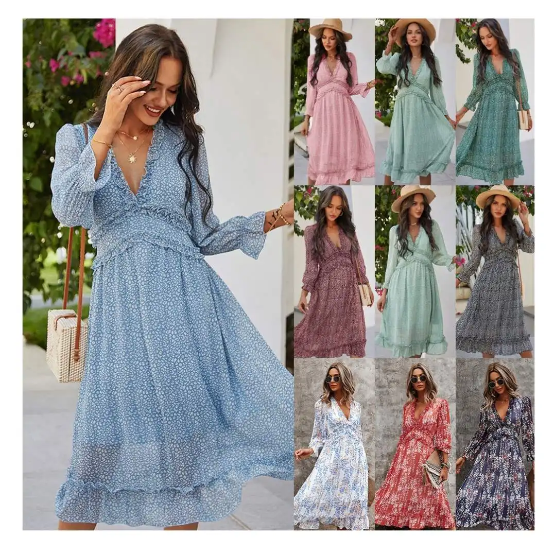 Samcci 2023 New Summer Women'S Clothes Big V Neck Elegant Print Summer Casual Bohemian Dress Wholesale