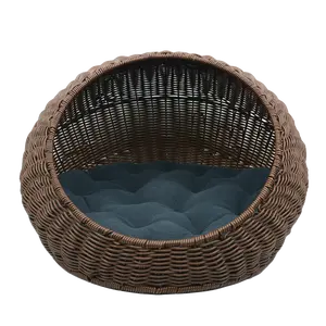 Handmade Wicker Cat Bed Plastic Rattan Pet House Woven Pet Sleeping Basket Beds