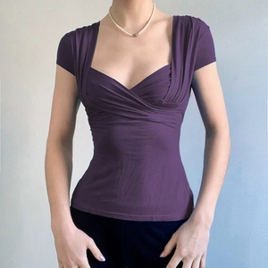 Nouvel Arrivage – T-<span class=keywords><strong>shirt</strong></span> d'été <span class=keywords><strong>violet</strong></span> moulant pour <span class=keywords><strong>femme</strong></span>, col carré, froncé, manches courtes, coupe ajustée - Product Image 1