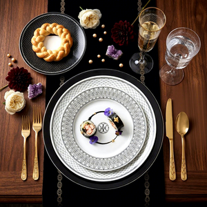 Service de table en céramique de style H-Deco de luxe, assiettes en porcelaine géométriques noires et blanches pour hôtel, restaurant, mariage, vente en gros - Product Image 1