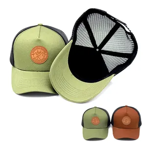 帽子工厂定制高品质对比5面板网眼实心草帽卡米翁卡车司机帽子，带刺绣标志皮革补丁