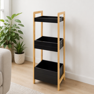 Estante de Almacenamiento de Bambú para Baño, Organizador Delgado de 3 Niveles, Unidad de <span class=keywords><strong>Madera</strong></span> con Bandejas Negras para Toallas y Artículos de Aseo - Product Image 6