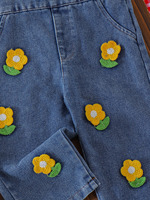 Setelan Jeans Suspender Bunga 3D Atasan Lengan Panjang Motif Bunga Bergaris Kuning Lucu Kasual untuk Anak Perempuan