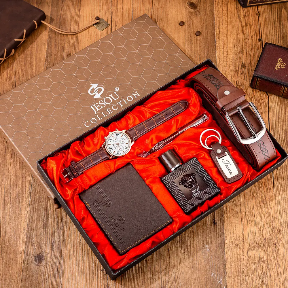 OEM Mens Boutique Gift Set Belt + Wallet + Tie + Perfume + Belt Quartz Watch + Pen Fashion Male Wristwatches Clock