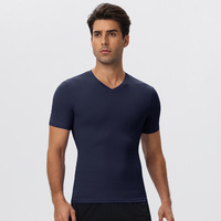 T-shirt ajusté à col en V pour homme, idéal pour le sport, haut extensible taille haute, fitness, cyclisme, manches courtes