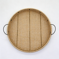 Panier de rangement rond en rotin naturel tressé à la main avec poignée pour fruits et dim sum, plateau de rangement pour bureau