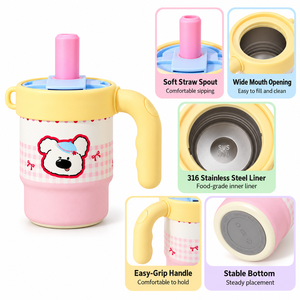 Venta al por mayor: Taza térmica mini de leche personalizada de 20oz, de acero inoxidable 316, con aislamiento al vacío, bonita y linda, con tapa, asa y pajita para niños y escuela. - Product Image 4