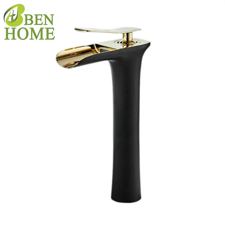 Tall Copper Black Gold Decoration Single Handle Waterfall Basin Faucet And Bathroom Faucet Black Basin