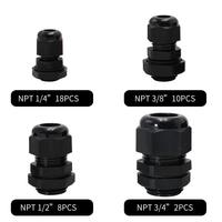 Kit de Prensaestopas NPT Sundimo FS030344, Conectores de Cable de Nylon Ajustables Impermeables con Alivio de Tensión, 1 Pin, 38 Piezas, Juntas Negras, Alimentación