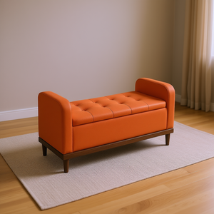 Banco de Almacenamiento Tapizado en Naranja con Diseño Moderno de Mediados de Siglo, Acabado en Madera de Nogal Sólido, Muebles para Sala de Estar - Product Image 2