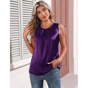 FOXA Camiseta sin mangas de satén de seda para mujer, cuello redondo, plisada, sin mangas, blusa informal de verano para el trabajo - Product Image 3