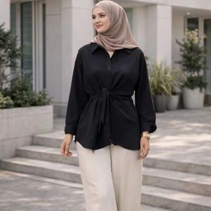 YXO030 ODM Túnica Asimétrica de Satén para Mujer Musulmana Modesta, Pantalones Anchos de Mezclilla, Ropa Islámica a Juego, Modal de Bambú - Product Image 1