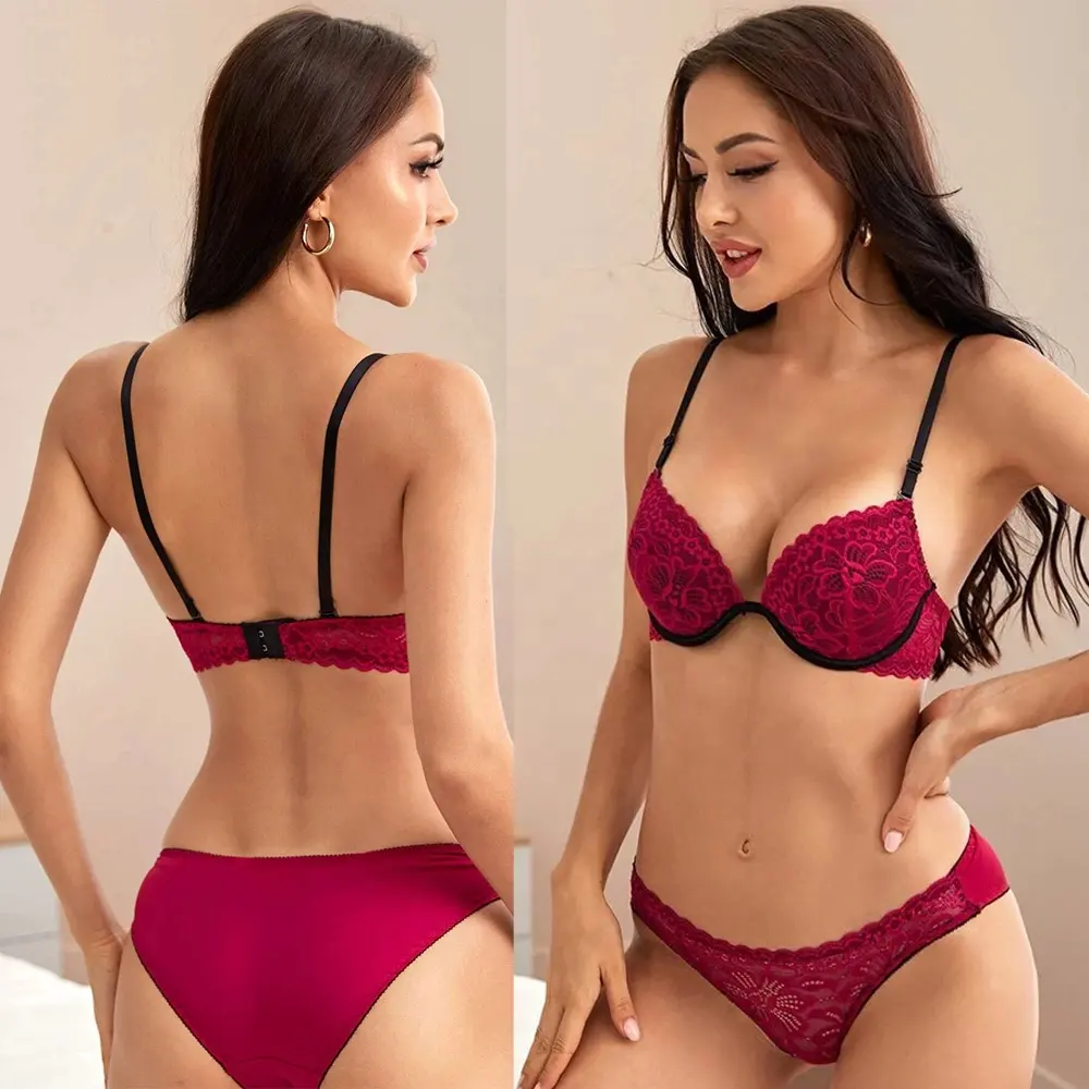 New Arrival Sexy Design Flower Pattern Black Straps Women's Lingerie Set Bra and Panty