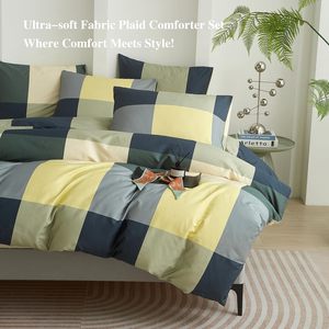 Housse de couette et taie d'oreiller en microfibre lavée imprimée à carreaux géométriques pour toutes les saisons - Product Image 5
