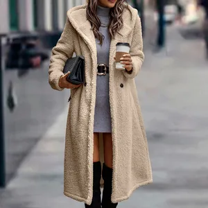 Damen Fuzzy Fleece Long Hooded Jacken Button Down Kunst pelz Warme Outwear mit Taschen Winter mäntel