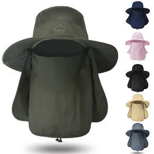 Topi tepi lebar pelindung UV matahari luar ruangan topi ember nelayan mendaki cepat kering dengan penutup wajah penutup leher