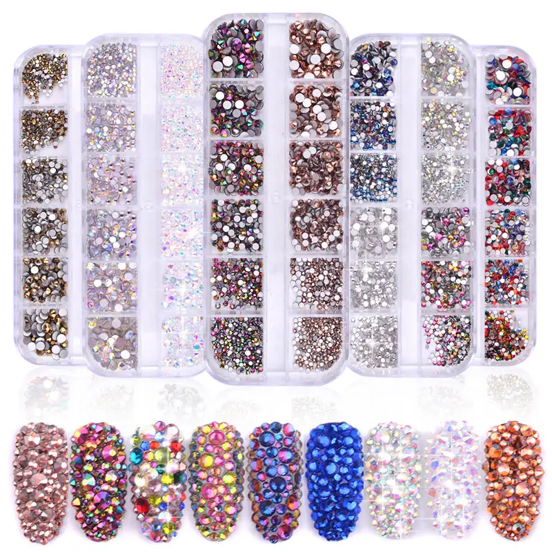 Diamantes de imitación de cristal 3D para Nail Art, piedras de Cristal AB de varias formas, arte de uñas, 12 cuadrículas