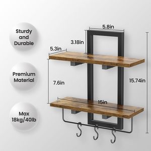 Étagères murales <span class=keywords><strong>de</strong></span> cuisine rustiques en bois à 2 niveaux, support <span class=keywords><strong>de</strong></span> rangement mural industriel flottant avec 6 crochets pour organiser les ustensiles - Product Image 2