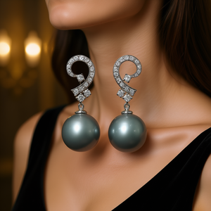 Pendientes de Perlas de Lujo en Oro Blanco con Diamantes Redondos de Corte Brillante, Joyería Clásica para Mujer, Diseño de Perlas Grises de 10 mm - Product Image 2