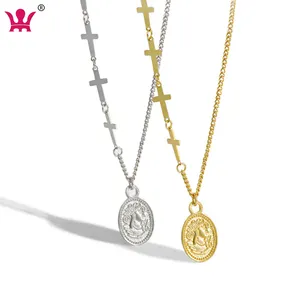 925 Sterling Silver Gold Oval Coin Cross Chain Necklace Women Fashion Fine Jewelry Image Women Coins Jewels For Women