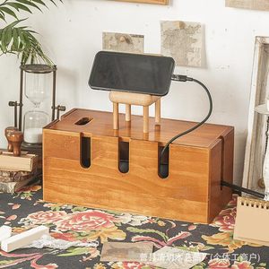 Caja de Almacenamiento de Cables de Madera Maciza, Rectangular, Color Marrón Oscuro, Organizador de Cables, Soporte de Gestión de Cables para Escritorio - Product Image 1
