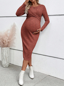 <strong>Maternity</strong> Dress Cross-Border European American Foreign Trade Long-Sleeved Elegant Twist Design Hip-Hugging Slim-Fit One-Piece - Product Image 6