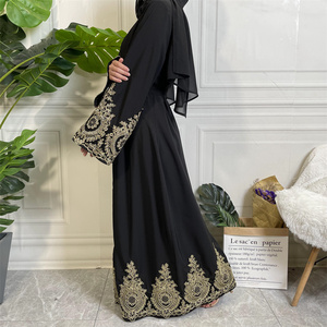 1495# Fashion Gold Applique <strong>Black</strong> Abaya Soft Polyester Muslim Women <strong>Kimono</strong> Islamic <strong>Long</strong> Robe Abayas - Product Image 3