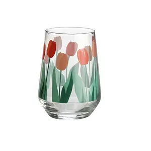 チューリップロックガラスタンブラー新しい面白いユニークな花デカールデザインウォーターティーミルクグラスカップクリスタルガラスティーカップ