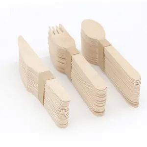 Set alat makan kayu | 6.5 inci, peralatan Biodegradable sendok pisau garpu | 100% peralatan bambu alami untuk luar ruangan, pesta & lainnya