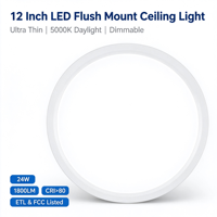 Plafonnier LED ultra-fin de 0,98 pouce, 12 pouces, 24W, 1800LM, 5000K, blanc lumière du jour, dimmable Triac, ETL, pour cuisine et placard
