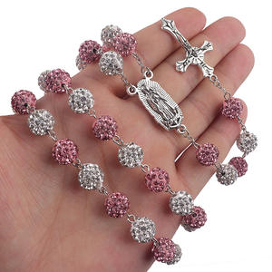 Collier de chapelet catholique à six rangs, perles de boule disco en strass de 10 mm, AB <span class=keywords><strong>rose</strong></span>, Vierge <span class=keywords><strong>Marie</strong></span>, crucifix, <span class=keywords><strong>bijoux</strong></span> de prière pour femmes et hommes - Product Image 2