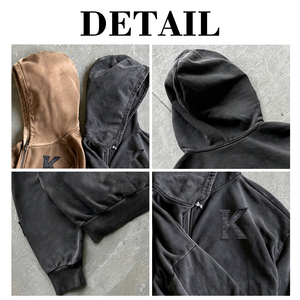 Sweat-shirt à capuche zippé surdimensionné pour homme, style streetwear, effet délavé vintage, broderie écusson étoile, personnalisable OEM - Product Image 6