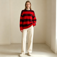 Pull en maille fine à rayures rouges surdimensionné décontracté à manches longues, personnalisé de haute qualité, OEM & ODM, collection automne