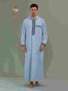 Al Haramain <b>Men's</b> Hooded <b>Thobe</b> Long Sleeve Cotton Floor Length Modest Prayer Robe Solid Light Blue Morocco style - Product Image 1