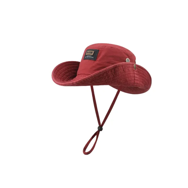 Washed Cotton Cowboy Windproof Rope Bucket Hat Large Brim Outdoor Fisherman Hat Climbing Hat