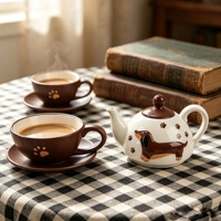 Service de table en céramique marron et blanc avec motif de chien teckel, théière, tasses et assiettes pour le service du café et du thé à la maison et en cuisine