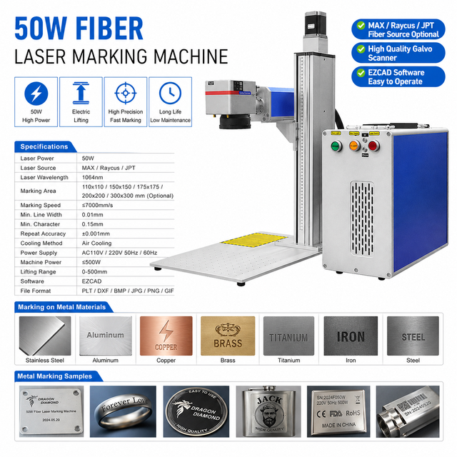 50w Fiber Laser Marking Machine with Electric Lifting MAX Raycus JPT Fiber Marking Engraving Machine for Metal Acrylic Marker