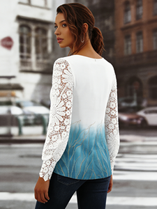 Chemise élégante à imprimé dégradé grande taille avec dentelle, manches longues, col en V, boutonnée, chemise décontractée pour femmes - Product Image 3