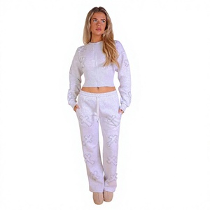 Custom <b>Women's</b> Clothing 2 Pieces Set <b>Women</b> Distressed Cross Applique Cropped Zip Jacket <b>Flare</b> Sweatpants <b>Women's</b> Sets Wholesale - Product Image 1
