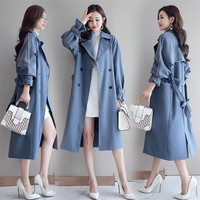 YQ150 gratis verzending lente Koreaanse verse blauwe lijn decoratie losse windjack vrouwen lange trenchcoat