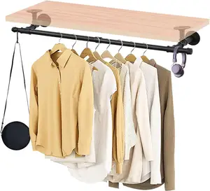 Wall Mounted Clothes Rack Iron Industrial Pipe Clothes Rod with Top Shelf Pipe Rack