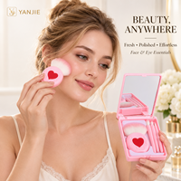 YANJIE Ensemble de 4 pinceaux de maquillage portables avec étui miroir rose, pinceaux pour le blush et les yeux, trousse de cosmétiques de voyage