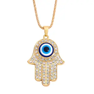 18k Gold Plated Alloy Turkey Blue Eyes Diamond Jewelry Sweater Chain Hamsa Hand Shape Pendant Necklace