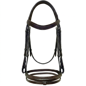 Bridon en cuir pour cheval avec frontal bleu et orné de cristaux, couronne et muserolle rembourrées, ferrures en acier inoxydable, style Hunter Show - Product Image 1