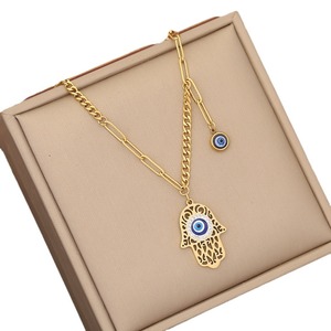 Ensemble de perles Fatima Hamsa en acier inoxydable plaqué or 18 carats avec mauvais œil bleu Pendentif <span class=keywords><strong>à</strong></span> la main Chaîne Collier Bracelet Boucles d'oreilles - Product Image 5